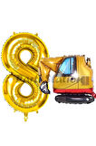 İnşaat Kepçe Kamyon Balon 1 Yaş Doğum Günü Balon Set İş Makineleri Konsept Ve Gold Rakam Balon