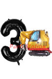 İnşaat Kepçe Kamyon Balon 2 Yaş Doğum Günü Balon Set İş Makineleri Konsept Ve Siyah Rakam Balon