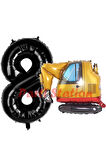 İnşaat Kepçe Kamyon Balon 2 Yaş Doğum Günü Balon Set İş Makineleri Konsept Ve Siyah Rakam Balon