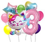Unicorn Kedi Kitty Konsept 3 Yaş Doğum Günü Parti Balon Set Sevimli Unicorn Kedi Tema Parti Set