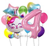 Unicorn Kedi Kitty Konsept 4 Yaş Doğum Günü Parti Balon Set Sevimli Unicorn Kedi Tema Parti Set
