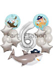 Korsan Tema Köpek Balığı Konsept 6 Yaş Balon Set Korsan Shark Tema Doğum Günü Folyo Balon Set
