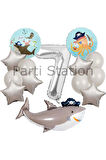 Korsan Tema Köpek Balığı Konsept 6 Yaş Balon Set Korsan Shark Tema Doğum Günü Folyo Balon Set