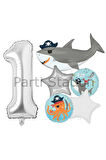 Korsan Tema Köpek Balığı Konsept 9 Yaş Balon Set Köpek Balığı Tema Doğum Günü Folyo Balon Set