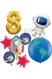 Uzay Kozmik Galaksi Astronot Roket 8 Yaş Balon Set Yıldız Balon Folyo Set Konsept Doğum Günü Set