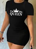 PXSL Kadın Kısa Kollu Queen Baskı Iki Iplik Mini Elbise