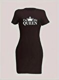 PXSL Kadın Kısa Kollu Queen Baskı Iki Iplik Mini Elbise