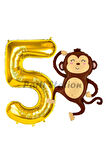 Safari Maymun Balon 4 Yaş Balon Set Safari Konsept Sevimli Maymun Balon ve Gold Renk Rakam Balon