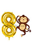Safari Maymun Balon 4 Yaş Balon Set Safari Konsept Sevimli Maymun Balon ve Gold Renk Rakam Balon
