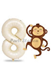 Safari Maymun Balon 1 Yaş Balon Set Safari Konsept Sevimli Maymun Balon ve Krem Renk Rakam Balon