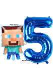 Minecraft Balon 4 Yaş Doğum Günü Set Minecraft Konsept Balon ve Lacivert Rakam Balon