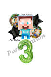 Minecraft Balon 7 Yaş Doğum Günü Set Minecraft Konsept Yıldız Balon ve Yeşil Rakam Balon