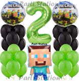 Yeşil Rakam Balonlu Minecraft Konsept Doğum Günü 2 Yaş Balon Set Minecraft Yeşil Siyah Balon Set