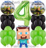 Yeşil Rakam Balonlu Minecraft Konsept Doğum Günü 4 Yaş Balon Set Minecraft Yeşil Siyah Balon Set