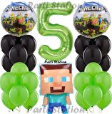 Yeşil Rakam Balonlu Minecraft Konsept Doğum Günü 5 Yaş Balon Set Minecraft Yeşil Siyah Balon Set