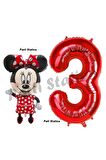Minnie Mouse 3 Yaş Doğum Günü Set Minnie Mouse Konsept Balon ve Kırmızı Rakam Balon Set