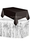 Masa Örtüsü ve Masa Eteği Set Plastik Siyah Renk Masa Örtüsü Gümüş Renk Metalize Masa Eteği Set