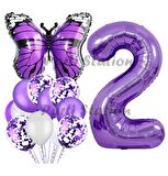 Mor Kelebek Konsept 2 Yaş Balon Set Butterfly Kelebek Mor Rakam Balon Parti Doğum Günü Balon Set