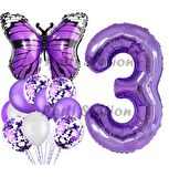 Mor Kelebek Konsept 3 Yaş Balon Set Butterfly Kelebek Mor Rakam Balon Parti Doğum Günü Balon Set