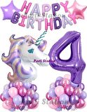 Mor Rakam Balonlu Unicorn Konsept 1 Yaş Doğum Günü Balon Set Happy Birthday Mor Unicorn Tema Set