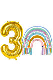 Gökkuşağı 3 Yaş Balon Set Mermaid Rainbow Konsept Balon ve Gold Rakam Balon