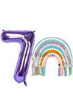 Gökkuşağı 1 Yaş Balon Set Mermaid Rainbow Konsept Balon ve Mor Rakam Balon