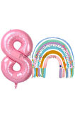 Gökkuşağı 4 Yaş Balon Set Mermaid Rainbow Konsept Balon ve Pembe Rakam Balon