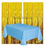 2 Adet Altın Gold Renk Metalize Arka Fon Perdesi ve 1 Adet Plastik Mavi Renk Masa Örtüsü Set