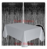 2 Adet Siyah Renk Metalize Arka Fon Perdesi ve 1 Adet Plastik Gümüş Gri Renk Masa Örtüsü Set