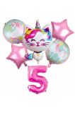 Unicorn Kedi Kitty Konsept 5 Yaş Balon Unicorn Konsept Doğum Günü Set Yaş Balon Set