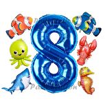 Okyanus Hayvanları 8 Yaş Doğum Günü Balon Set Deniz Canlıları Köpek Balığı Ahtapot Kırmızı Balık Set