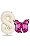 Pembe Kelebek Balon 7 Yaş Balon Set Kelebek Konsept Balon ve Krem Renk Rakam Balon