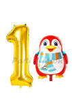 Sevimli Penguen Balon 9 Yaş Doğum Günü Balon Set Penguen Konsept ve Gold Renk Rakam Balon
