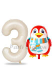 Sevimli Penguen Balon 1 Yaş Doğum Günü Balon Set Penguen Konsept ve Krem Renk Rakam Balon