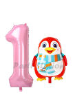 Sevimli Penguen Balon 1 Yaş Doğum Günü Balon Set Penguen Konsept ve Pembe Renk Rakam Balon