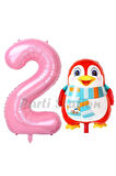 Sevimli Penguen Balon 1 Yaş Doğum Günü Balon Set Penguen Konsept ve Pembe Renk Rakam Balon