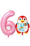 Sevimli Penguen Balon 1 Yaş Doğum Günü Balon Set Penguen Konsept ve Pembe Renk Rakam Balon