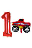 Canavar Kamyon Pikap 8 Yaş Balon Set Arabalar Konsept Canavar Kamyon Balon ve Kırmızı Rakam Balon