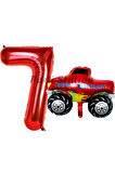 Canavar Kamyon Pikap 8 Yaş Balon Set Arabalar Konsept Canavar Kamyon Balon ve Kırmızı Rakam Balon