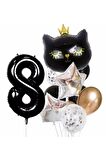 Siyah Kedi Kara Kedi 8 Yaş Balon Set Yıldız Balon Folyo Set Siyah Kedi Konsept Doğum Günü Set