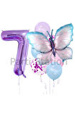 Mavi Pembe  Kelebek 7 Yaş Mor Rakam Balon Set Kelebek Konsept Doğum Günü Balon Set