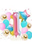 Gökkuşağı Rengarenk 1 Yaş Balon Set Yıldız Balon Folyo Set Konsept Doğum Günü Set Yaş Balon Set