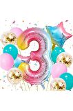 Gökkuşağı Rengarenk 3 Yaş Balon Set Yıldız Balon Folyo Set Konsept Doğum Günü Set Yaş Balon Set