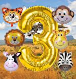 Altın Renk Rakam Balonlu Safari 3 Yaş Doğum Günü Parti Balon Set Safari Hayvanlar Tema Parti Set