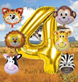 Altın Renk Rakam Balonlu Safari 4 Yaş Doğum Günü Parti Balon Set Safari Hayvanlar Tema Parti Set