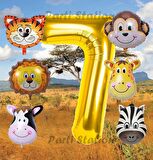 Altın Renk Rakam Balonlu Safari 7 Yaş Doğum Günü Parti Balon Set Safari Hayvanlar Tema Parti Set