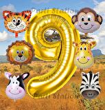 Altın Renk Rakam Balonlu Safari 9 Yaş Doğum Günü Parti Balon Set Safari Hayvanlar Tema Parti Set