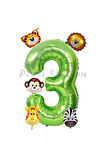 Safari Hayvanlar 6'lı Balon Set 5 Yaş Doğum Günü Balon Set Safari Konsept ve Yeşil Rakam Balon