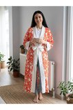 Çiçek Desenli Ekru Manşetli Standart Beden Kimono Turuncu