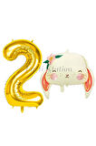 Sevimli Tavşan 4 Yaş Balon Set Woodland Hayvanlar Konsept Tavşan Balon ve Gold Renk Rakam Balon